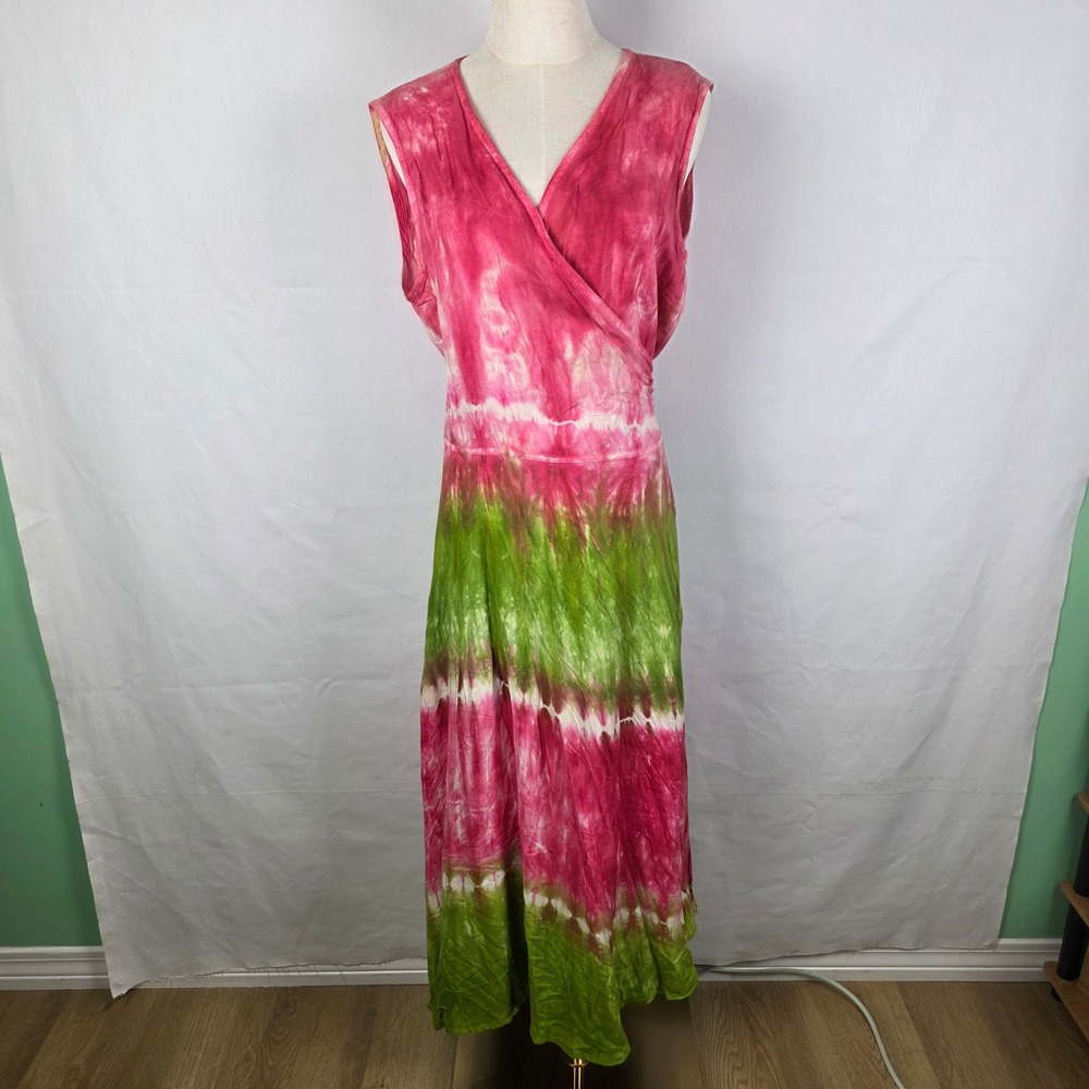 Fashion Terminal Pink Green Tie Dye Sleeveless Maxi Dress Plus Size V-Neck Tie